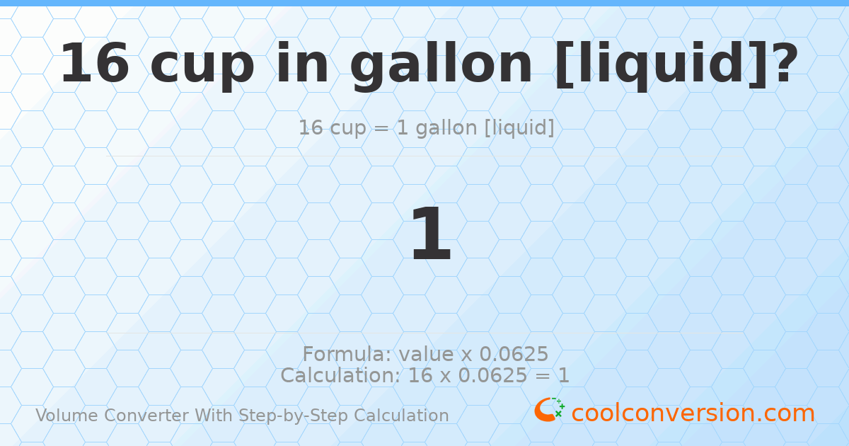 16 cups = 1 gallon [liquid]